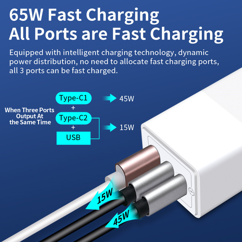 Pd QC3.0 3 Port Charger USB C Quick Charge Fast USB Charger GaN Adapter 65W GaN Charger r(图5)